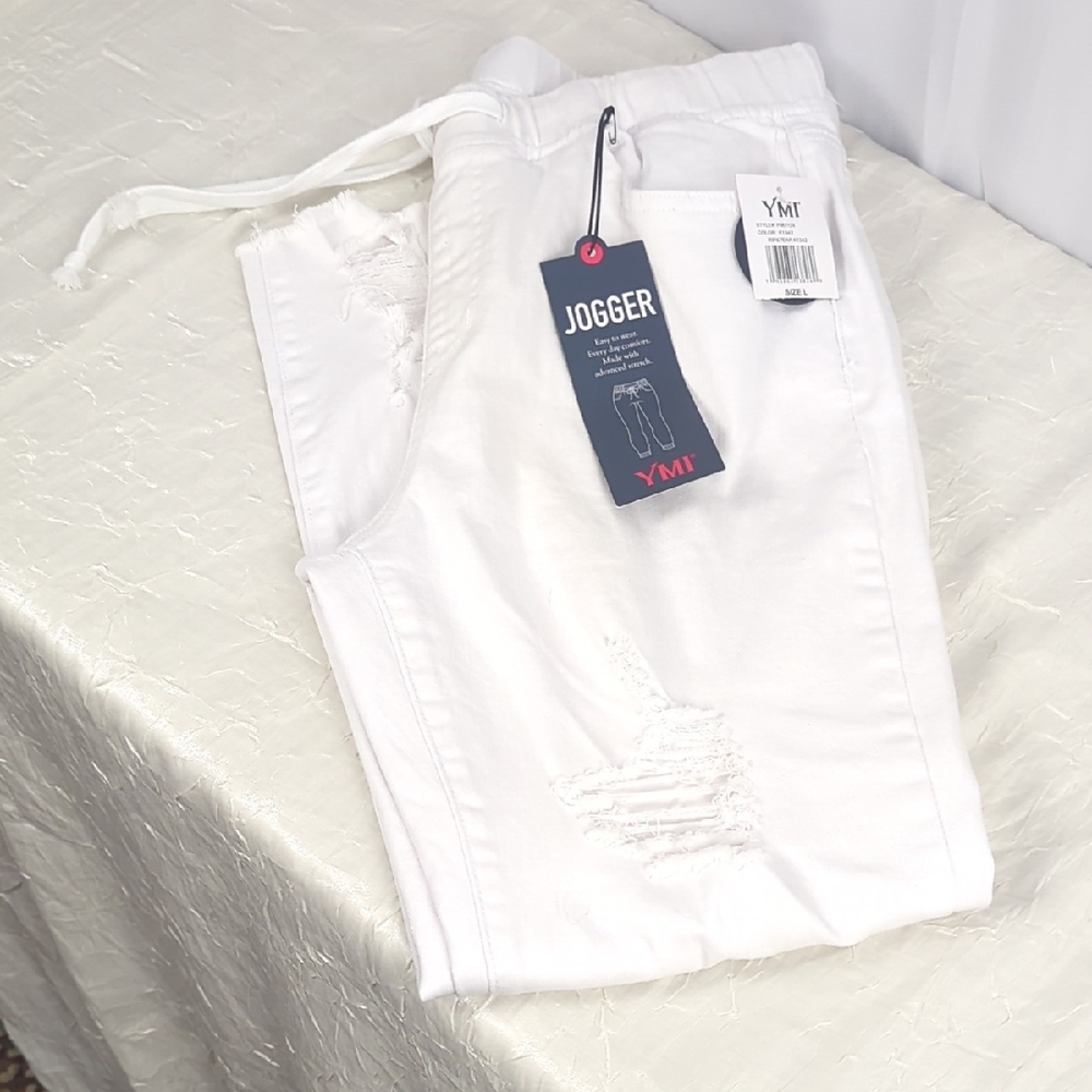 YMI White Distressed Drawstring Jogger Pants